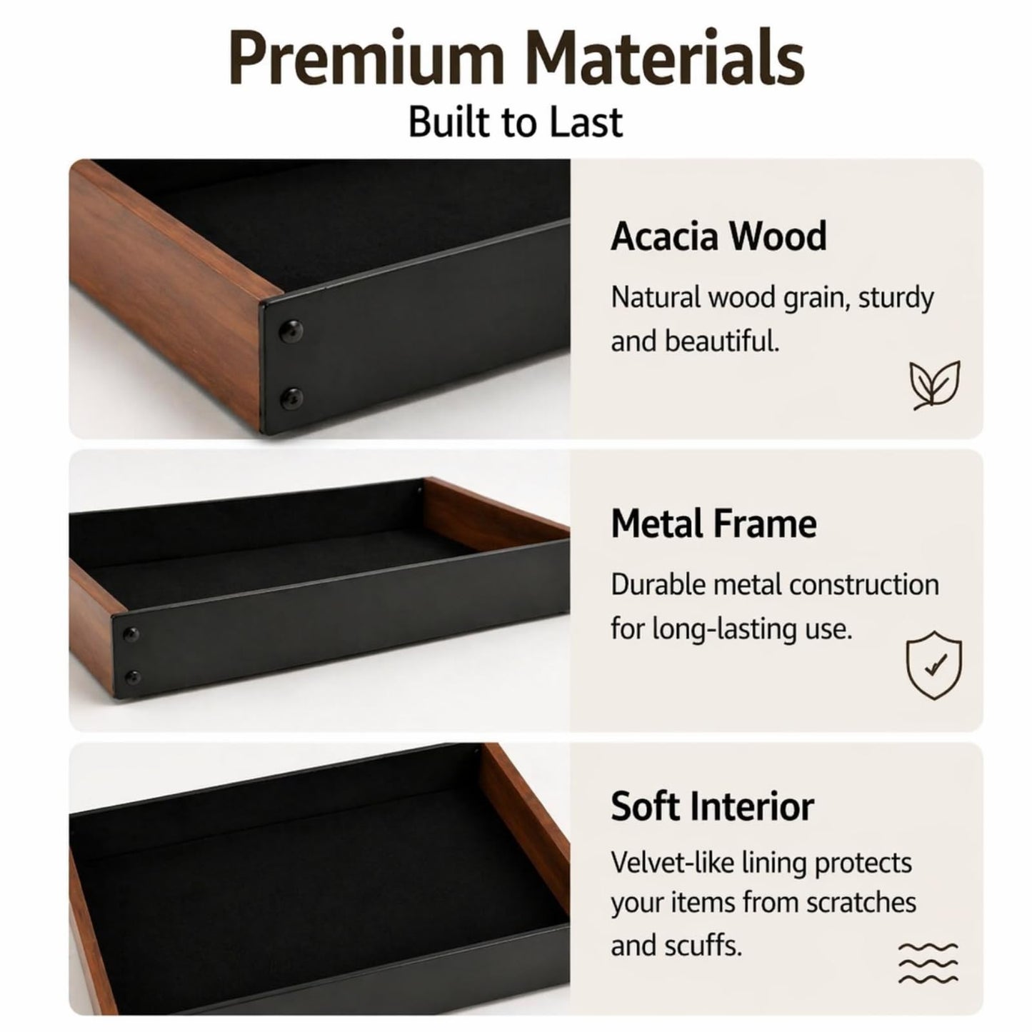 Geelin 2 Pack Desk Drawer Organizer, Valet Tray for Men, Nightstand Tray Acacia Wooden and Metal Entryway Bedside Dump Holder Accessories for Wallets, Keys, Watches, Phones, Loose Change, Trinkets