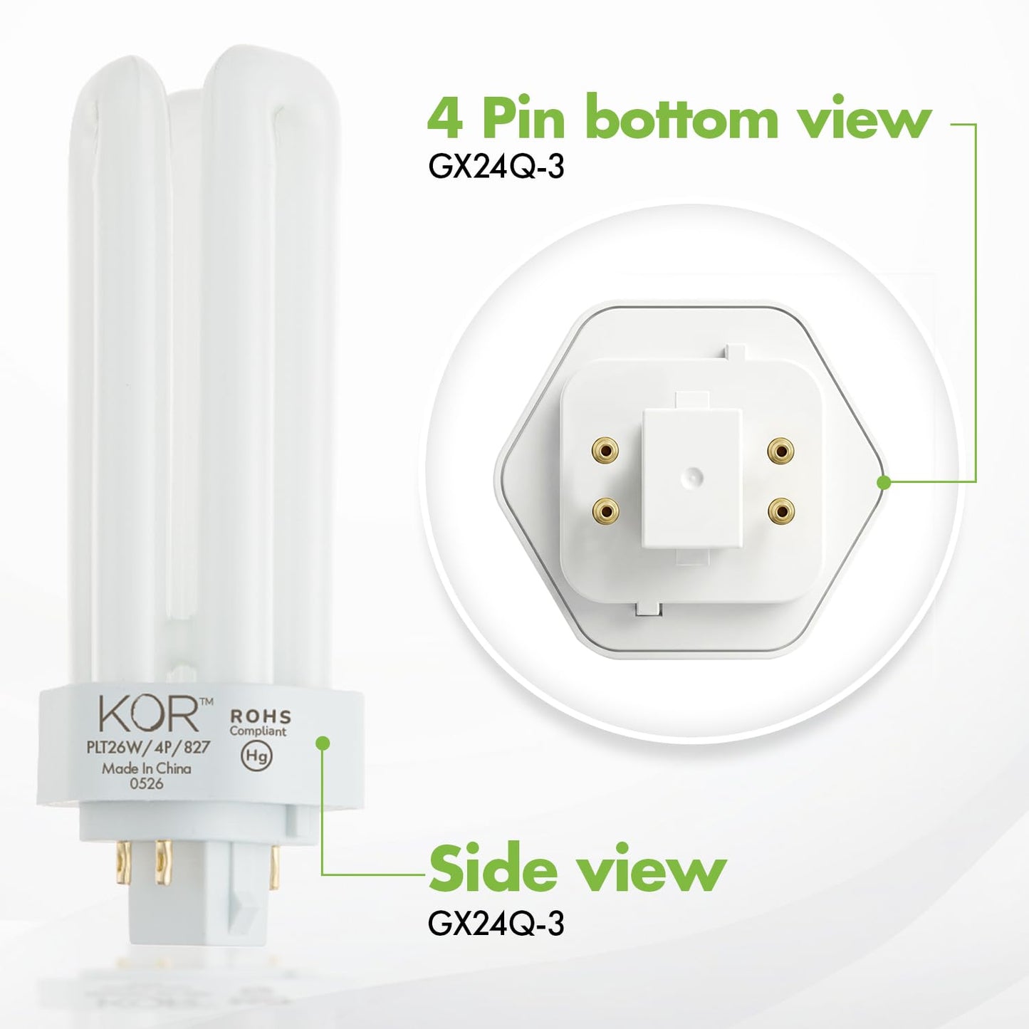 KOR 26W CFL Plug-in Bulb – GX24Q-3 Base, 2700K Warm White, Triple Tube, (4-Pin) Replaces Sylvania 20879, Philips 458240, GE 97614 – Pack of 4