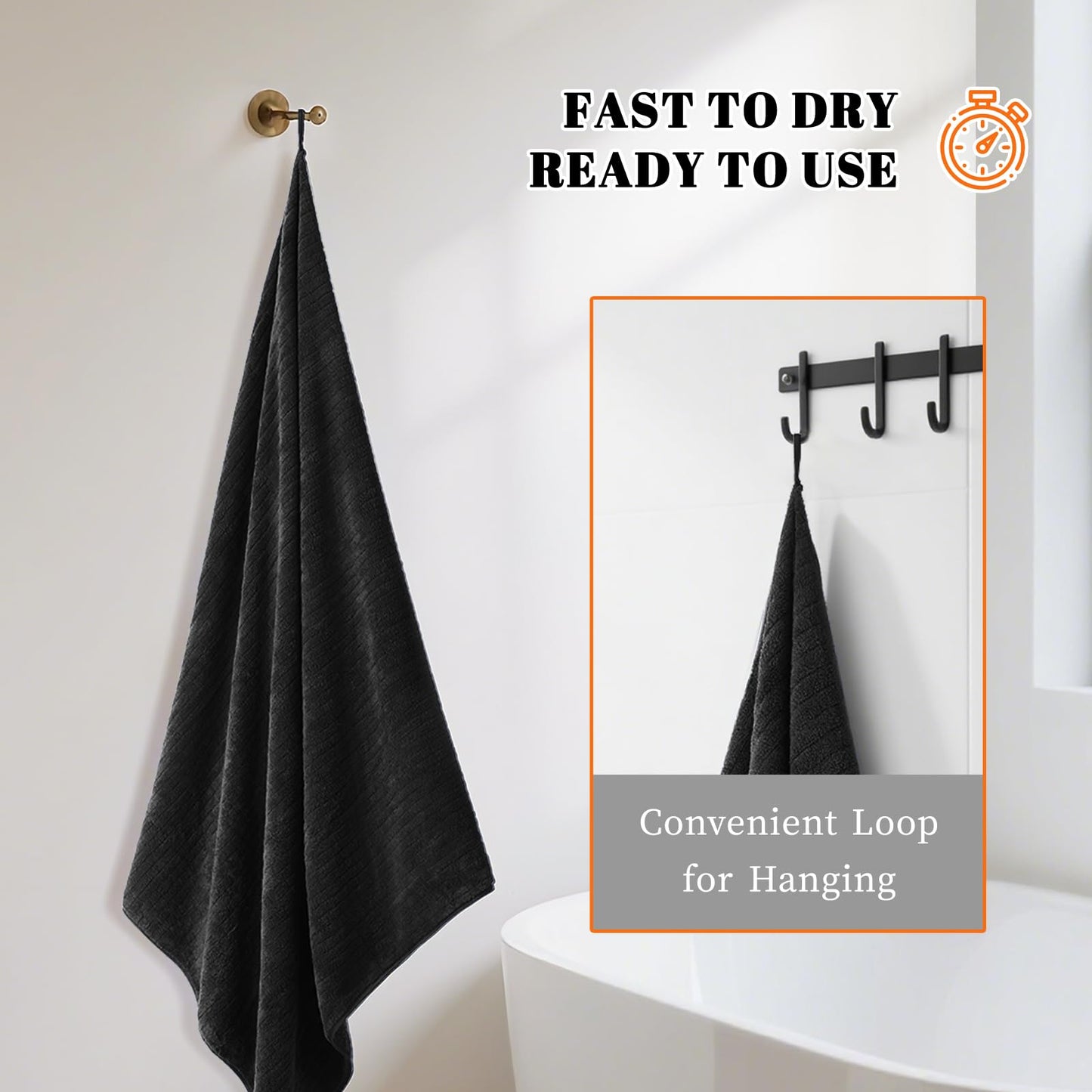 Lunoku Bath Towels Set of 4 Extra Large 35 x 70 Inches,Luxury Thick High Absorbent and Quick Dry Bath Sheet,Ultra Soft Microfiber,Bathroom,Beach,Yoga,Sport,SPA,Fitness (Black)