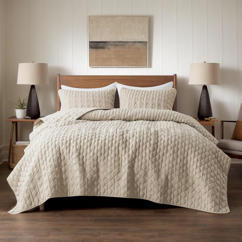 Beige Quilt King Size Bedding Sets with Pillow Shams, Lightweight Soft Bedspread Coverlet, Quilted Blanket Thin Comforter Bed Cover, All Season Summer Spring, Tan Cream, 3 Pieces, 104x90 inches