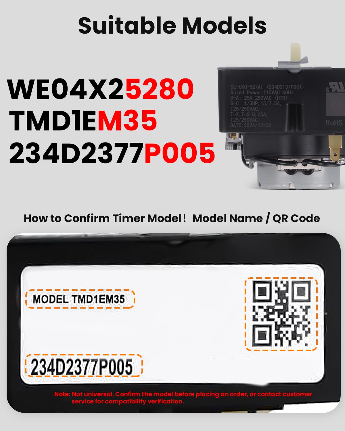 WE04X25280 TMD1EM35 234D2377P005 Dryer Timer Compatible with GTD33EASK0WW GTX22EASK0WW GTX33EASK0WW HTX21EASK0WW GE/Hotpoint Dryer Replacement Part OEM Upgraded Dryer Timer, 1 Year Warranty