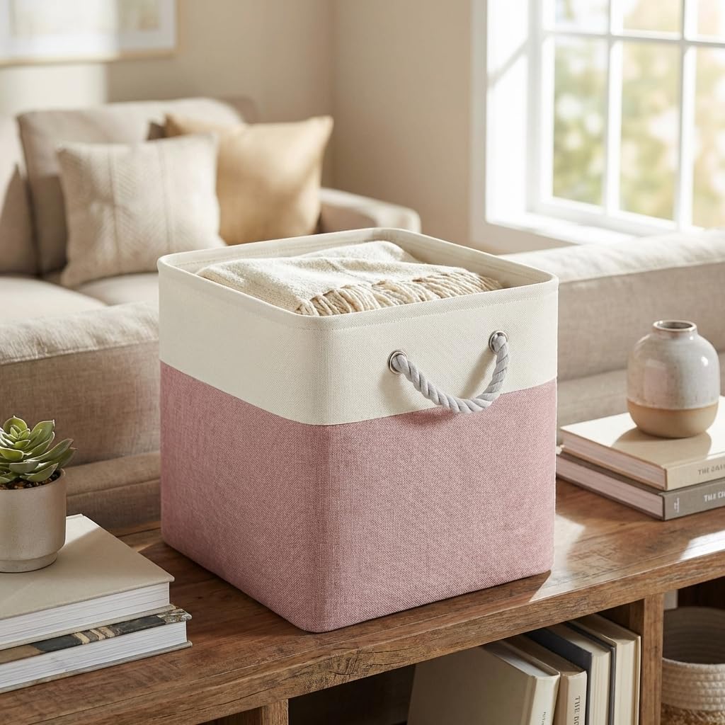 FinishingBo Cube Storage Bins, 6 Pack 11x11 inch with Cotton Handles for Closet, Shelves, Clothes, Towel (White/Pink)