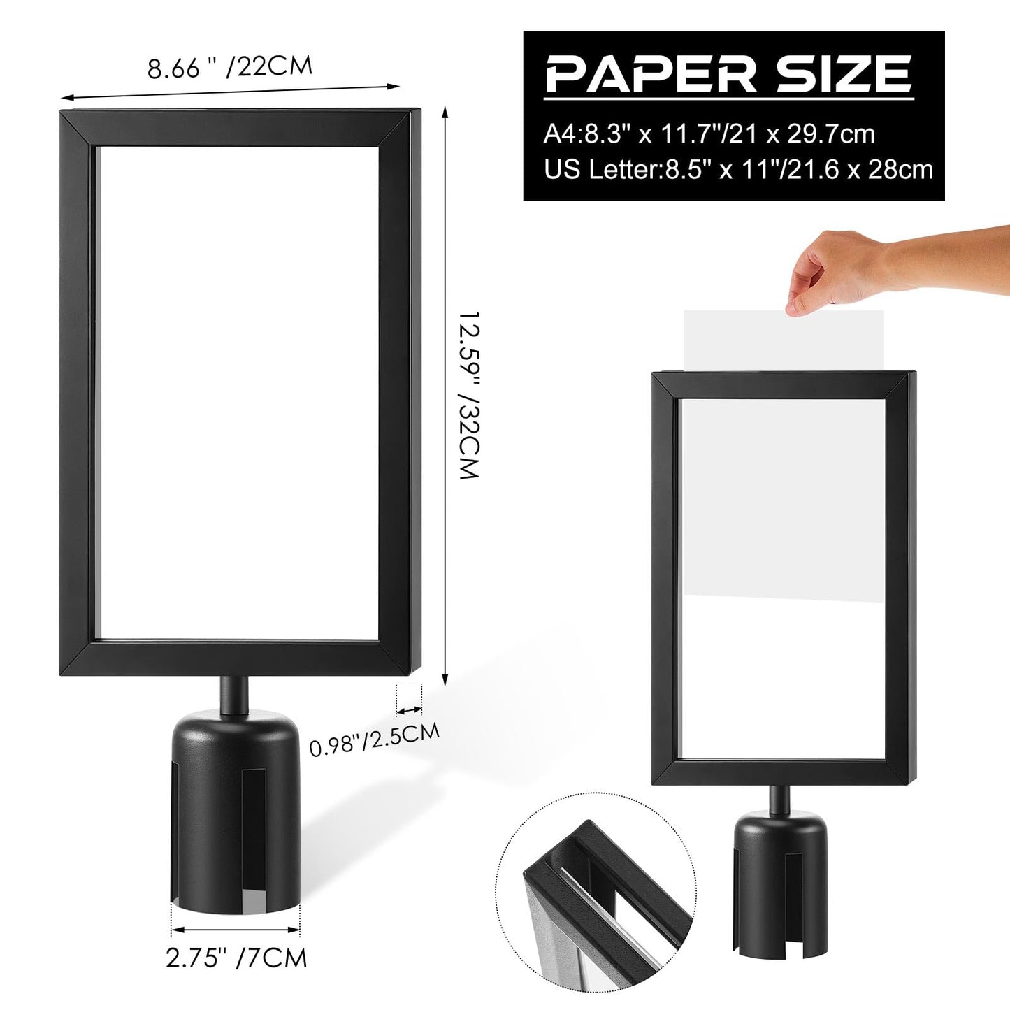 Jecery 2 Pcs Stanchion Sign Holder, Double Sided Frame Sign with Protective Cover, Fits 8.3 x 11.7 Inch Paper Size Top Stand Poster Display for Crowd Control Commercial Queue Sentry Stanchions