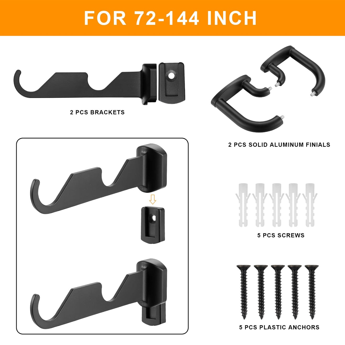 Double Curtain Rods Matte Black,Room Darkening Drapery Rod 72-144 Inches,Adjustable 3/4 Inches Front and 5/8 Inches Back Quality Metal Rod for Window,Wrap Around Design