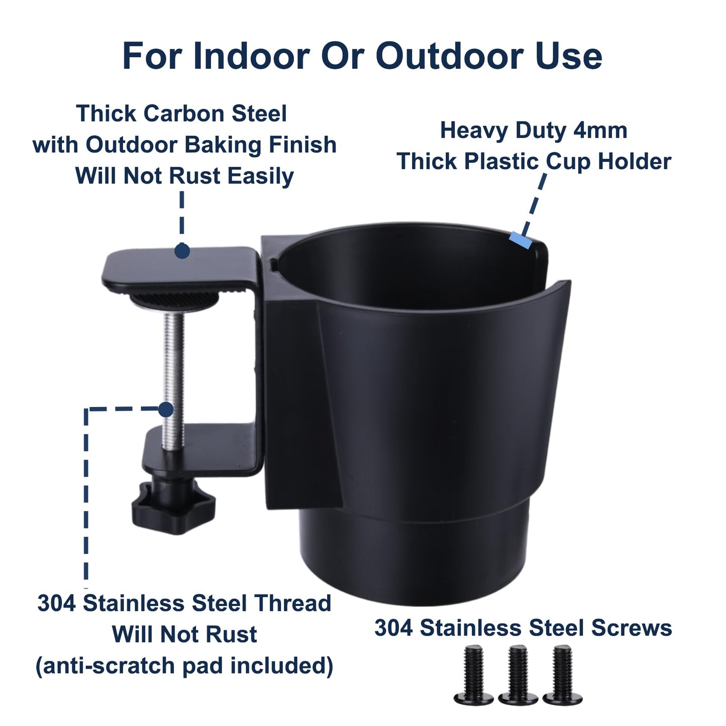 Universal Large Desk Cup Holder Clamp on, Heavy Duty Plastic Drink Holder for Table, Porch Swing, Patio Chair, Clip On Anti-Spill Bottle Holder for Most Cups, Bottles, Cans, Tumbles, Black, Pack of 2