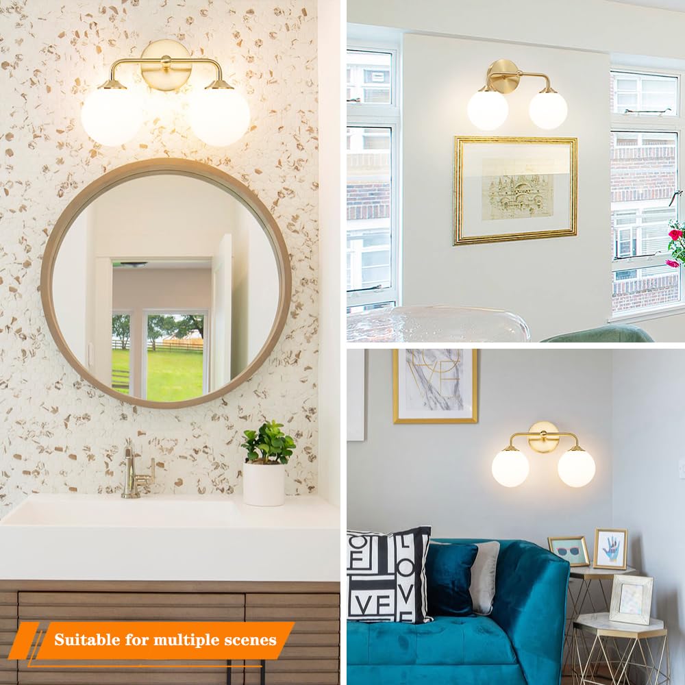Modern Gold 2-Lights Bathroom Light Fixtures, Brass Vanity Light with Milky White Globe Glass Shade, Elegant Vanity Light Fixtures over Mirror, Wall Sconce Light for Bathroom, Mirror, Dressing Table