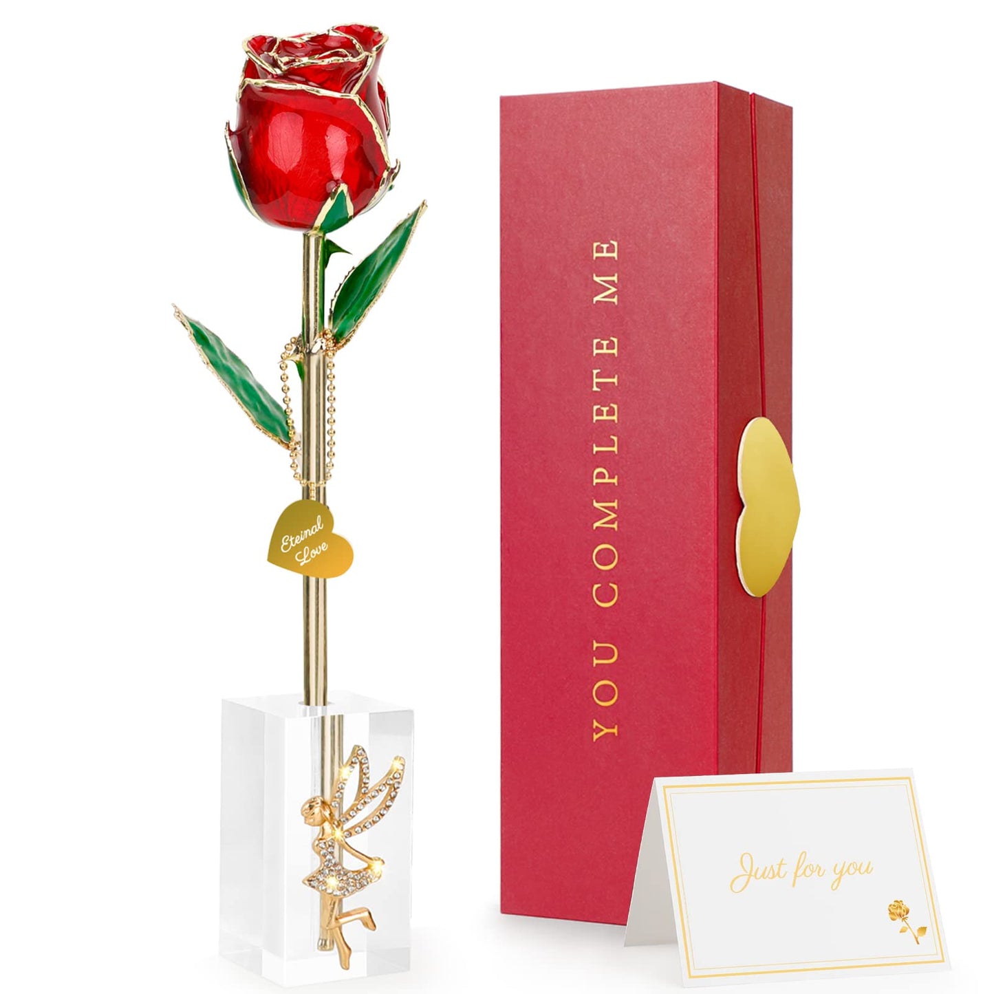 ihoomee Mothers Day Gifts Real Rose Dipped 24K Gold,Best Mothers Day Gifts for Mom Women,Forever 24k Rose with Crystal Stand-Red