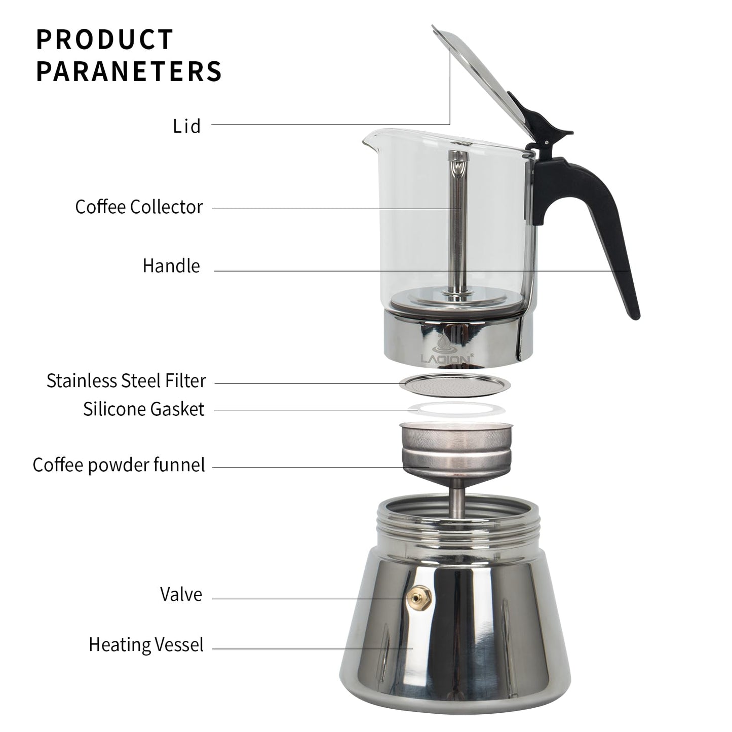 LAOION Stovetop Espresso Maker, 6Cup 240ml Classic Moka Pot, Crystal Glass-top & Stainless Steel Coffee Maker Mocha Pot, Greca De Cafe, Cuban and Italian Coffee Maker for Cafetera Cubana