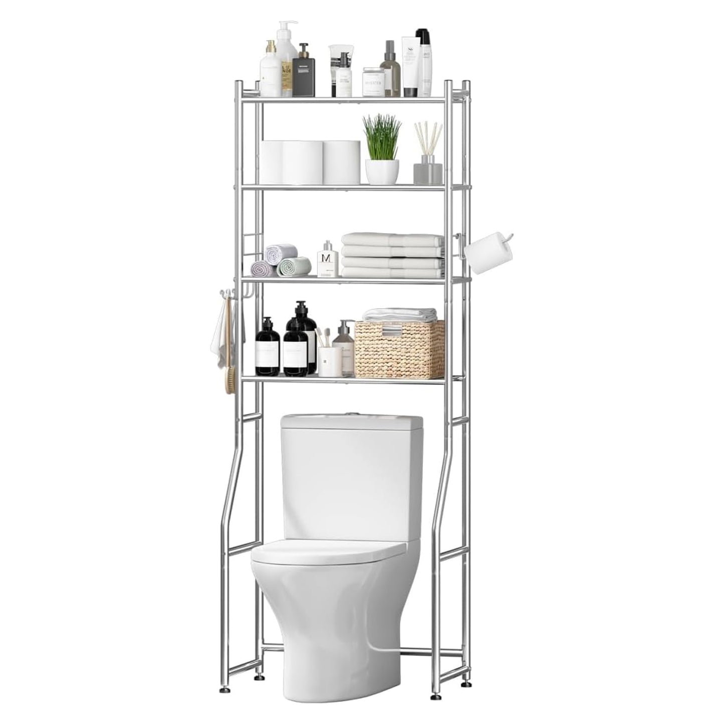 Ekisemio Over the Toilet Storage Cabinet, Metal 4 Tier Bathroom Shelves Over Toilet, Bathroom Oragnizer with 4 Hooks and Paper Holder, Chrome