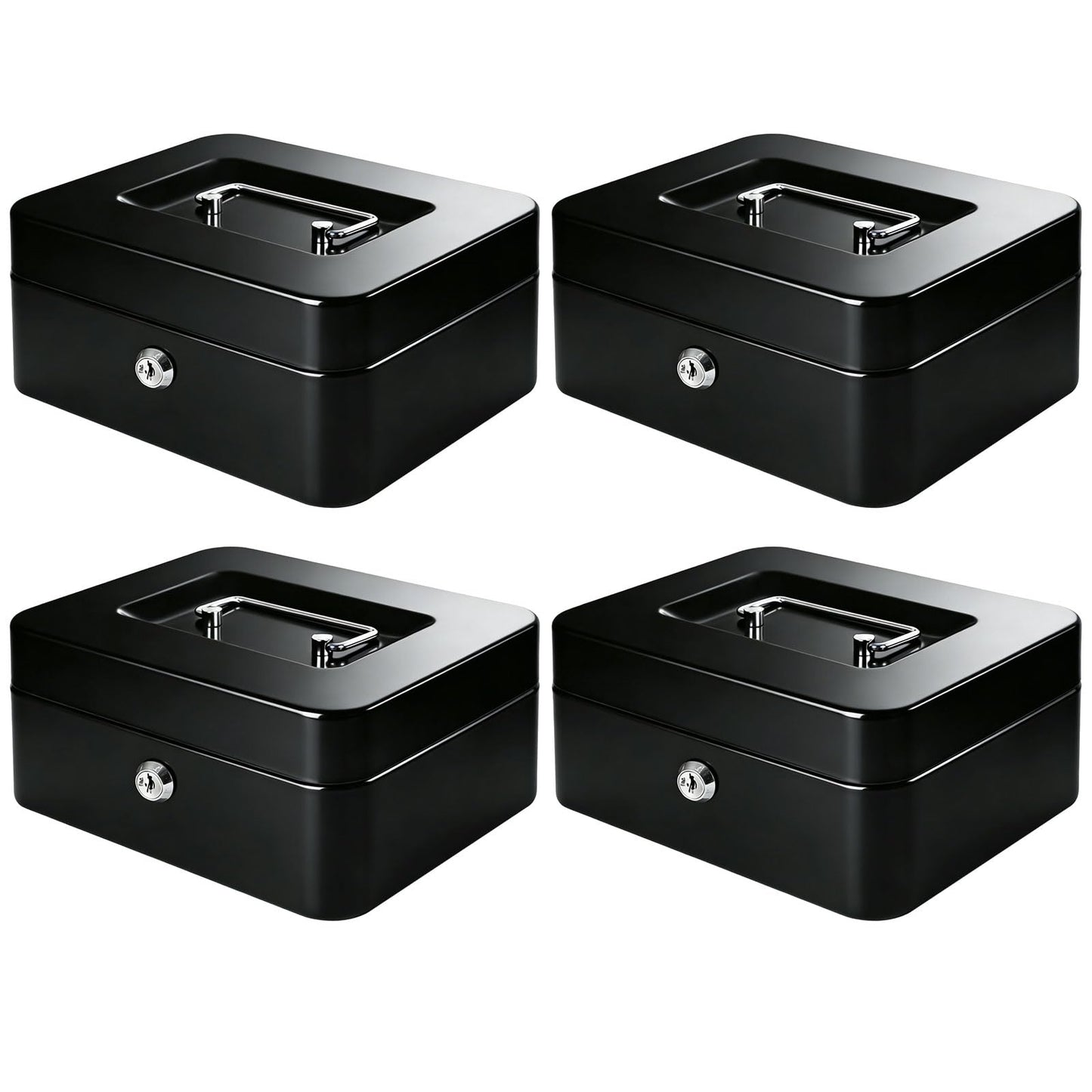 KYODOLED Metal Cash Box with Key Lock & Money Tray - Secure Safe for Home, Office & Events, Ideal for Cash, Meds & Small Items, 7.87" x 6.30" x 3.35", Black, 4 Pack