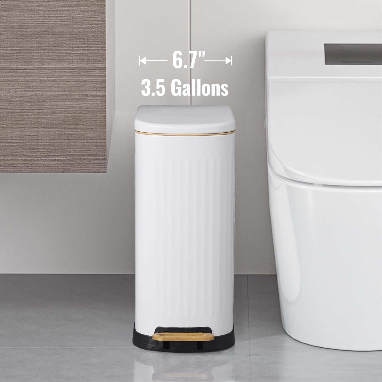 SYNCVIBE Slim Bathroom Trash Can with Soft Close Lid Stainless Steel Garbage Can Step Trash Bin with Removable Inner Bucket for Bedroom, Office, Kitchen (Matt White, 3.5 Gallons)