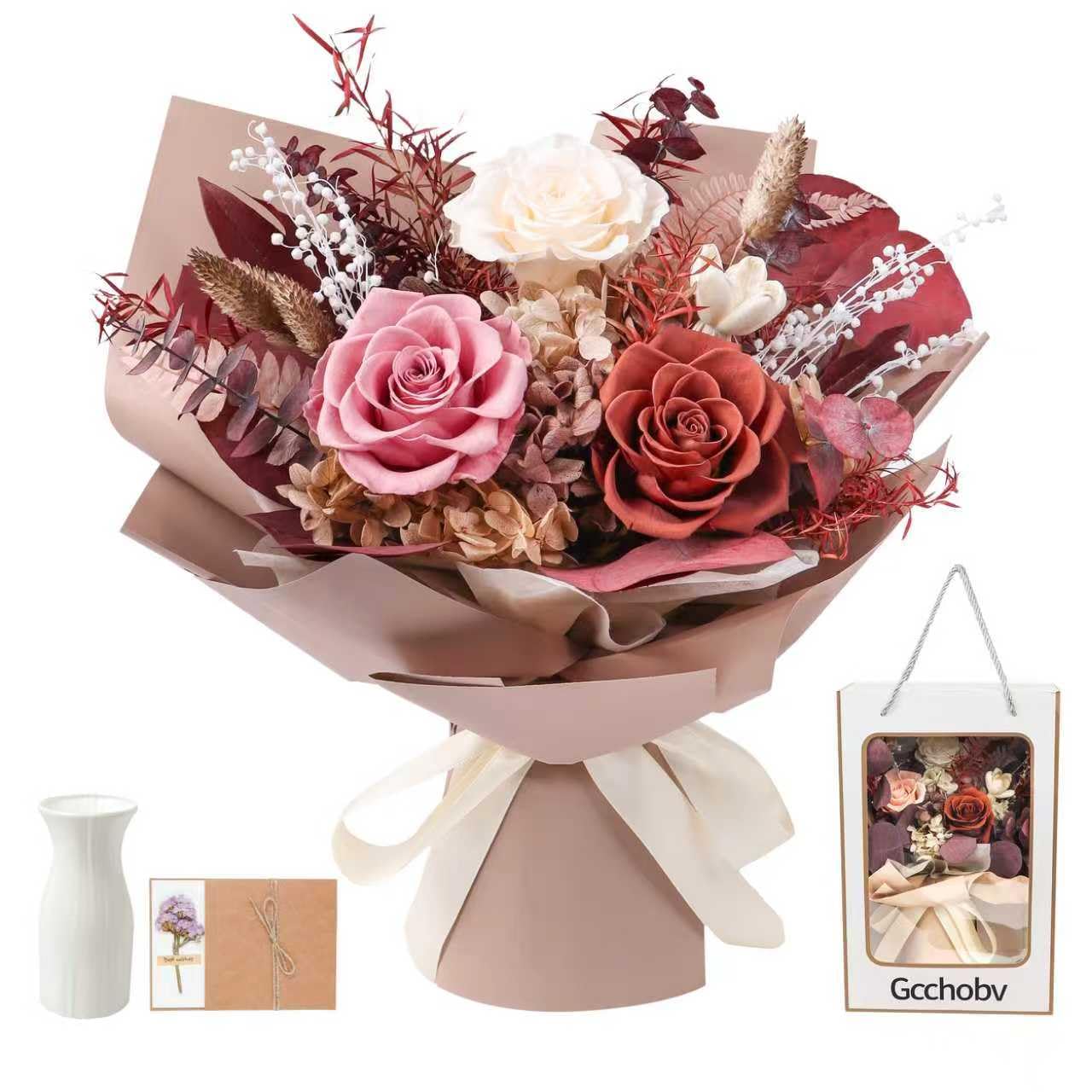 Gcchobv Preserved Flowers Bouquet, Real Eternal Flowers, Gifts for Women, Birthday Gifts for Mom Friends Her Girlfriend Sister, Valentine (Caramel)