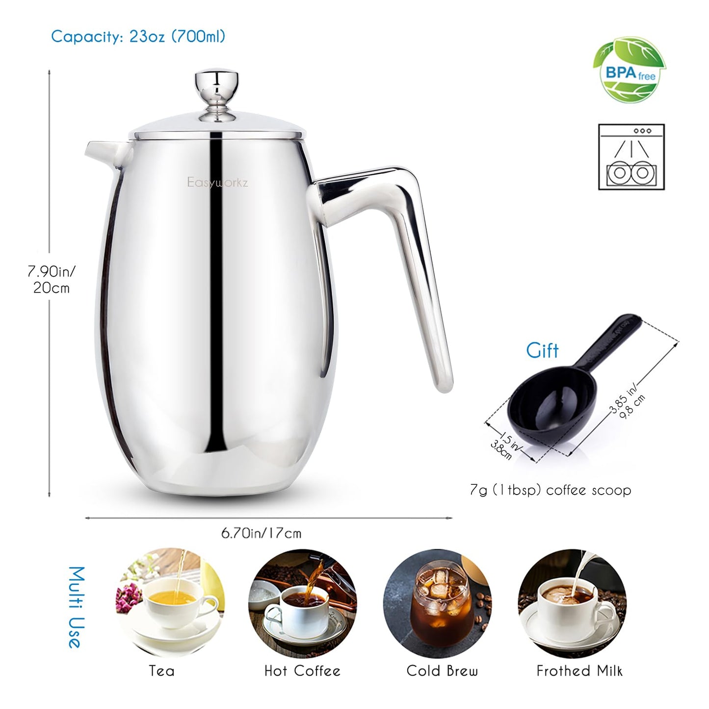 Easyworkz Nando French Press 23 oz Double Wall Insulated Thermal Coffee Maker,304 Stainless Steel Cafetiere