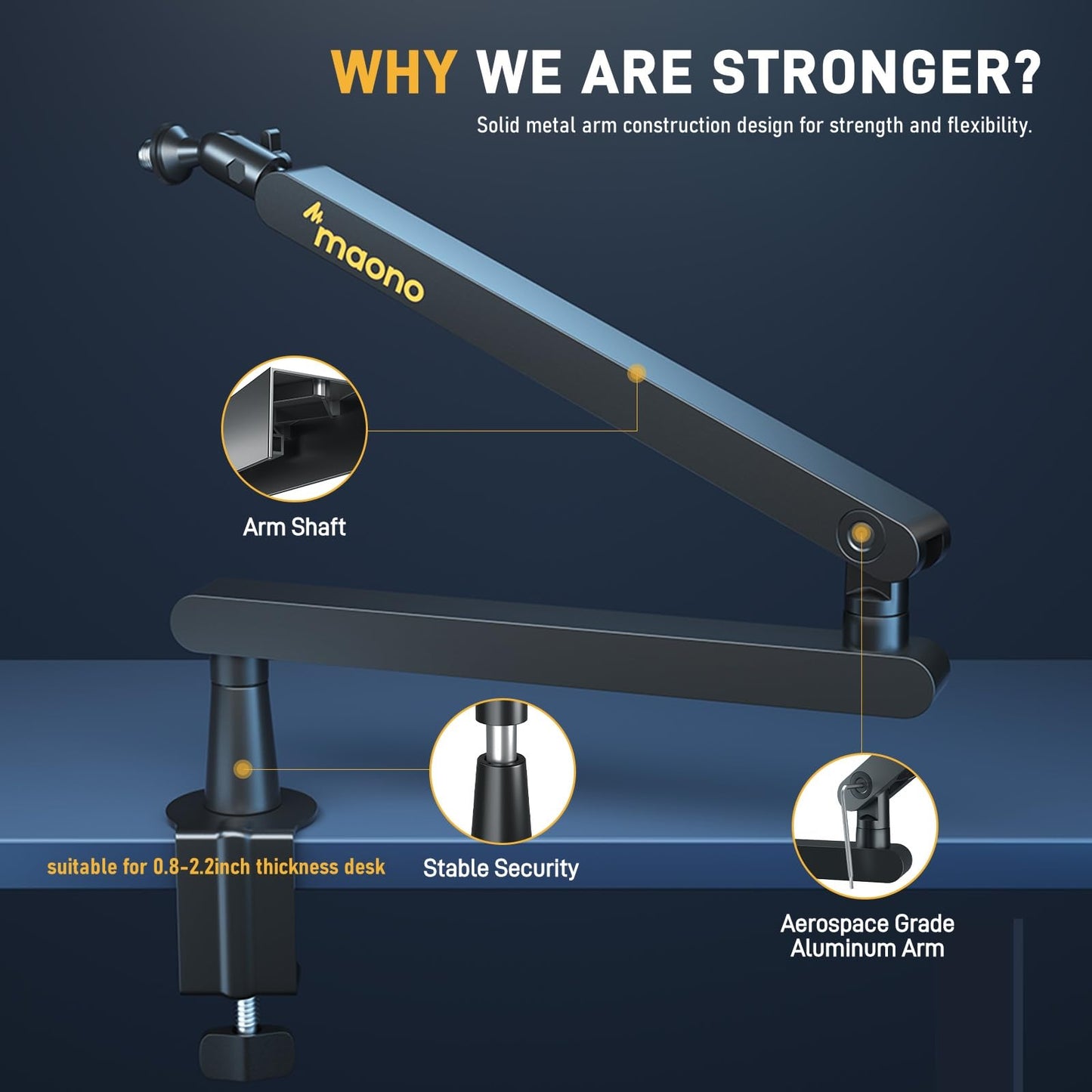 MAONO Microphone Boom Arm, Low Profile Mic Arm with Cable Management Channels, Desk Mount Clamp, Fully Adjustable, Heavy Duty Mic Stand for Podcast Studio Streaming (BA92 Black)
