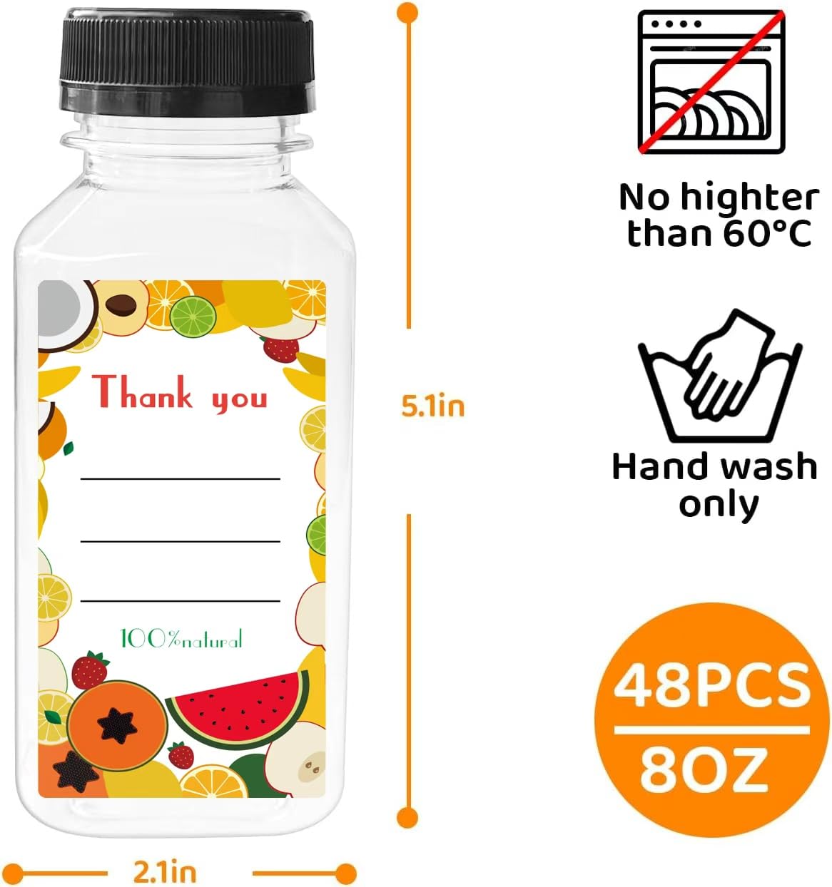 Sanyuanzhou 48pcs 8oz Juice bottle with caps,Plastic bottles with caps, Reusable Clear Bulk Beverage Containers for Juice, Milk and Other Beverages