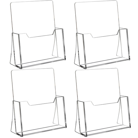 SUNQEBO Acrylic Brochure Holder 8.5 x 11 inch 4 Pack, Clear Acrylic Plastic Flyer Holders for Literature Magazine Pamphlet Booklet Menu Journals Display Stand Desk Holder Countertop Organizer