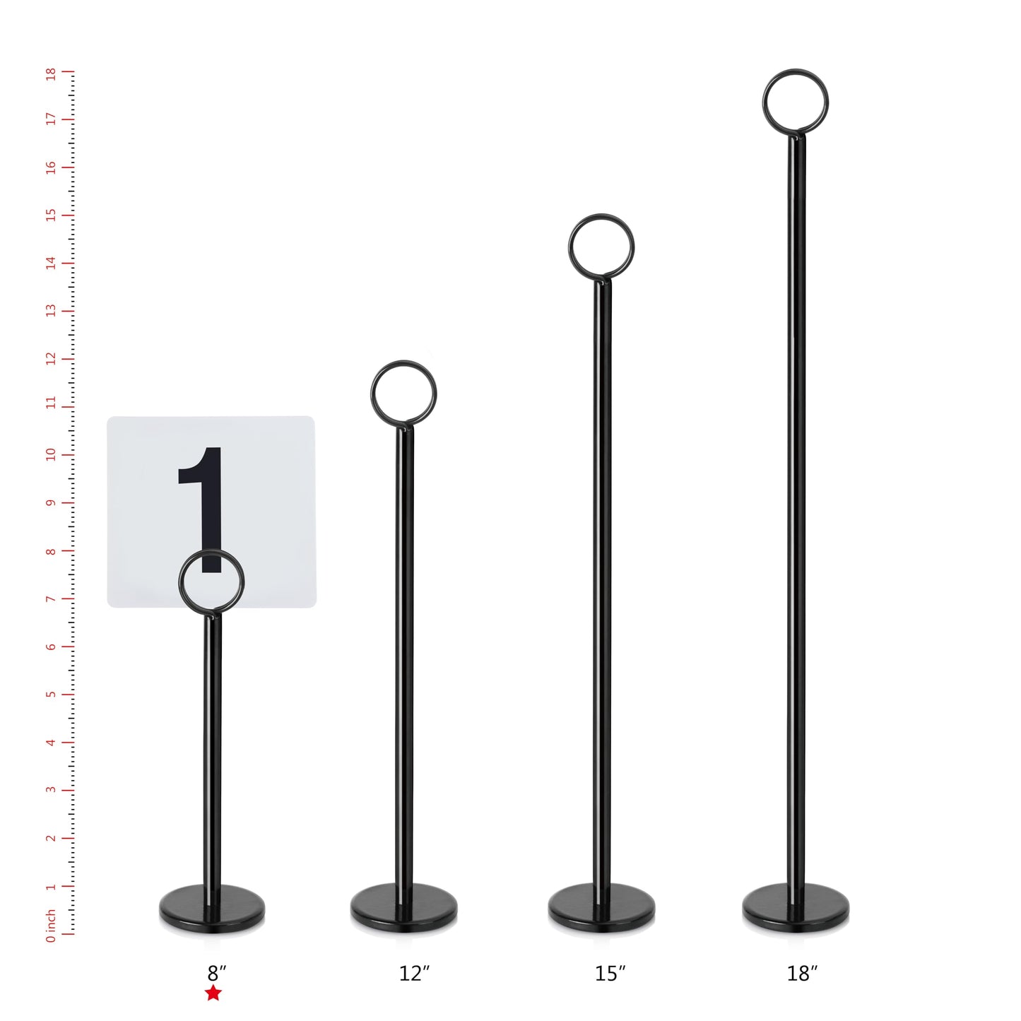 New Star Foodservice Ring Clip Table Number Card Holders with Number Cards 1 to 25, Set of 12, 8-Inch, Black Stand, Stainless Steel