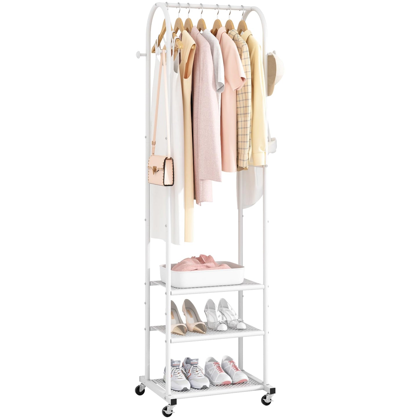 Kaitiemoo Heavy Duty Clothing Rack with Wheels,Modern Garment Rack with 3 Metal Shelves, 71.8Inches Display Rack for Hanging Clothes, Hanging Rod for Small Spaces,White
