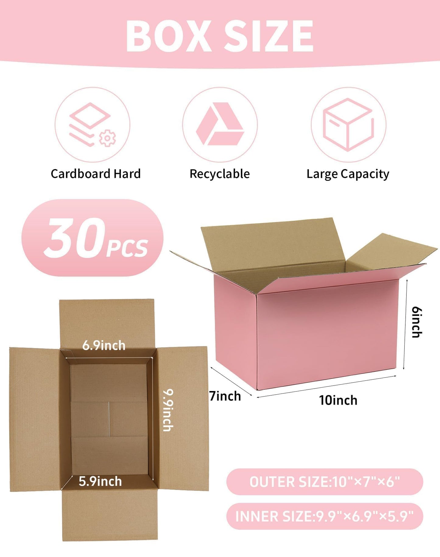 10x7x6 Inch Cute Pink Shipping Boxes, 30 Pack Corrugated Cardboard Box, Mailing Packaging Boxes for Small Business