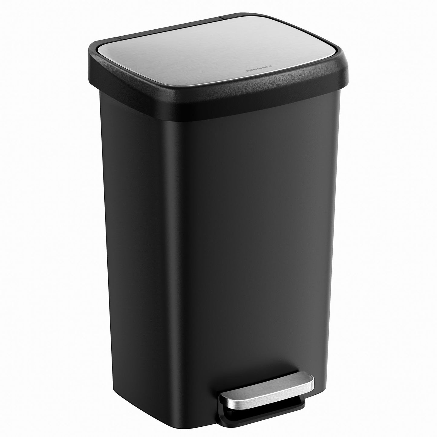 SONGMICS Plastic Kitchen Trash Can, 12-Gallon (45 L) Garbage Can with Stainless Steel Lid, Soft Close, Pedal Waste Bin with Wheels and Rear Handle, Ink Black ULTB533B01