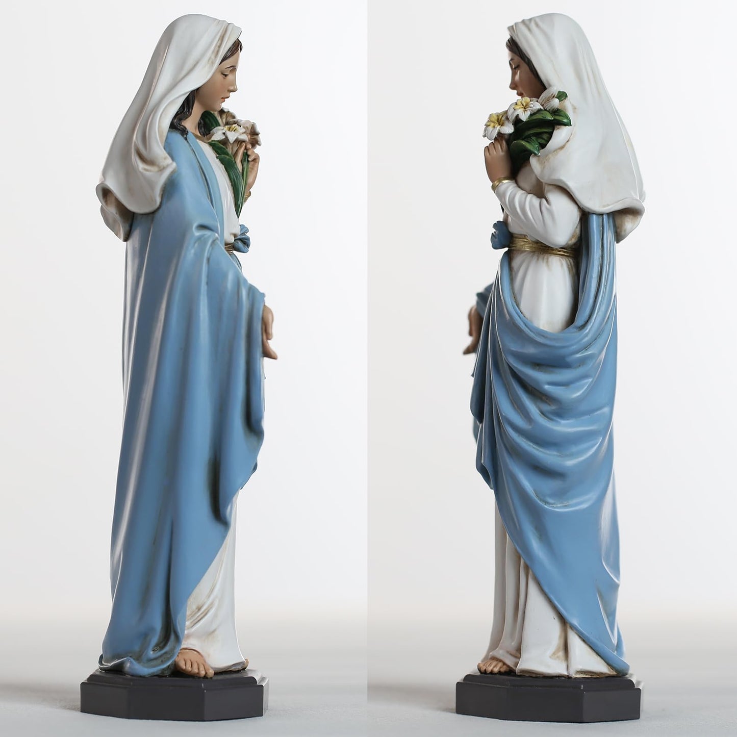 Grace4Joy Blessed Mother Mary Statue - 10 Inch Madonna Virgin Mary Statue Elegant Home Decor, Hand Painted Saint Mary Holding Lilies Figurines Renaissance Collection