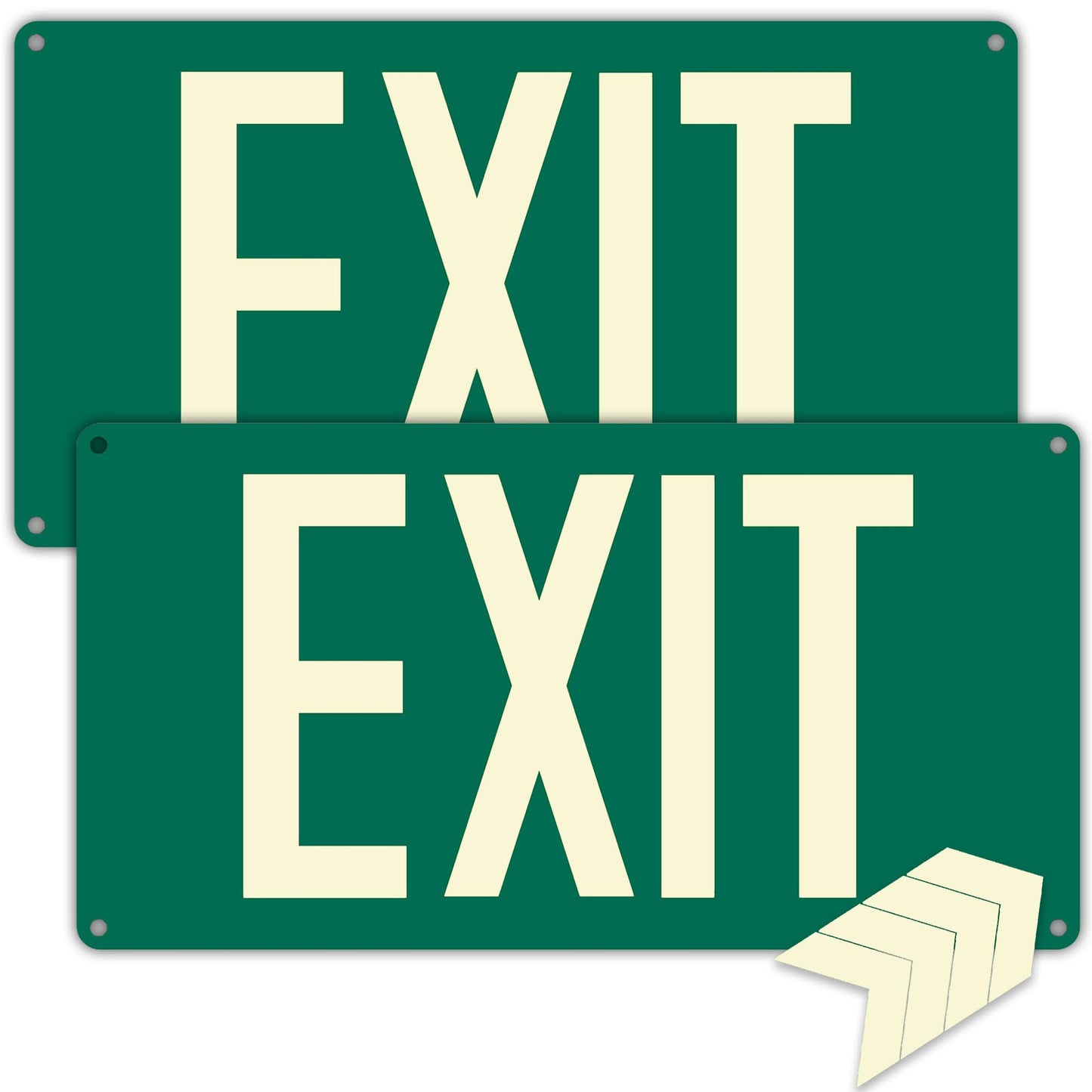 (2Pack) Photoluminescent Exit Sign, Glow In The Dark Aluminum Exit Sign Green - Adhesive Backing - 4pcs Removable Arrows Included - 14.25 x 7.5 Inches - Non Electrical Exit For 50 Feet Visibility