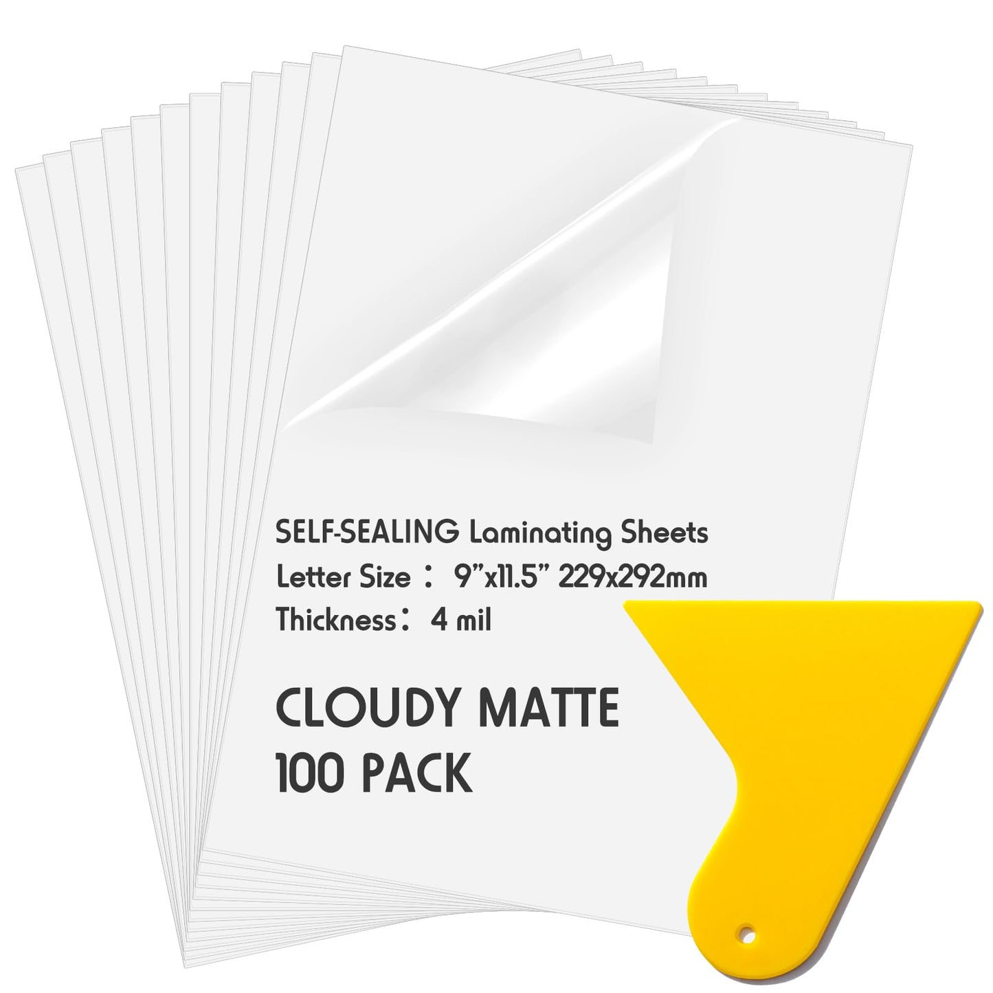 Kosiz 100 Pack Matte Self Adhesive Laminating Sheets, 9 x 11.5 Inches, 4 Mil Thick for Letter Size 8.5 x 11 Matte Finish Self Lamination Sealing, No Heat Laminating, With Scraper