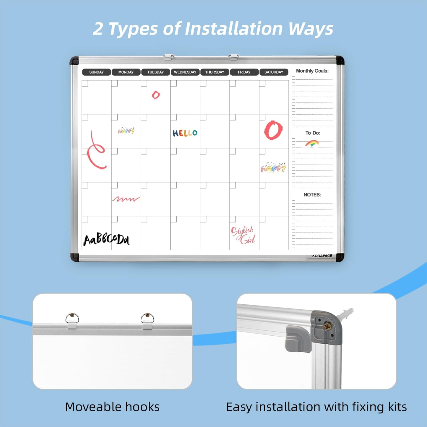 KODAPAGE Whiteboard Dry Erase Calendar for wall, Weekly & Monthly Planner Dry Erase Board 24" X 18" Double-Sided for Office, Home and School