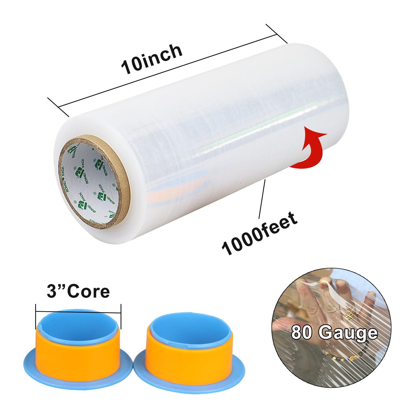 BOMEI PACK Stretch Wrap Rolls 10" x 1000 Ft 4 Pack - 80 Gauge Thick Stretch Film - Clear Plastic Wrap with Handles for Pallet Wrapping Shipping Moving