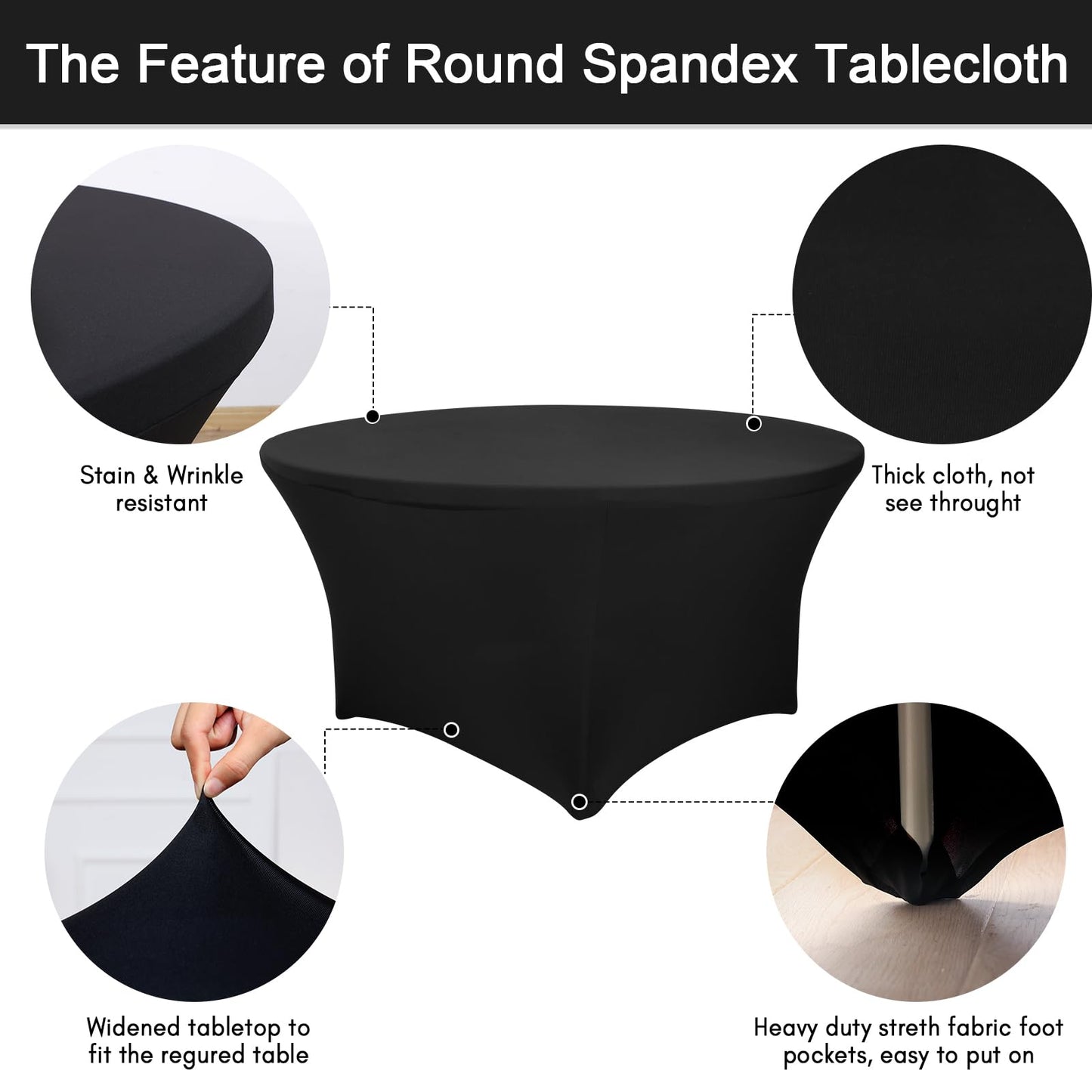 Fixwal 4 Pack 60 Inch Round Tablecloth, Fitted Spandex Round Table Cloths - Washable Black Stretchable Table Cover, Elastic Fabric for Wedding, Party, Restaurant, Christmas, Thanksgiving