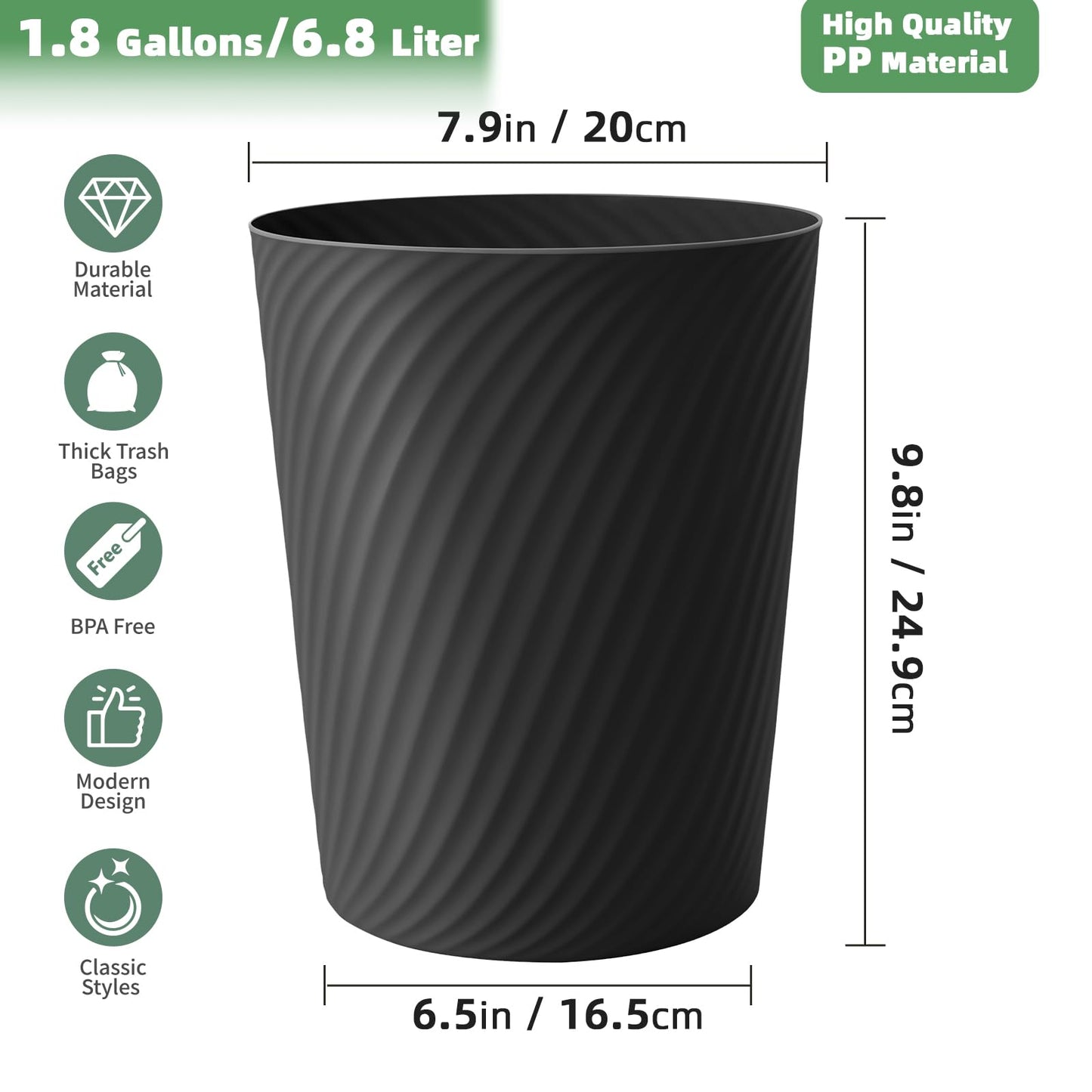 LLNTOU Small Trash Can 1.8 Gallons, Bathroom Trash Can & Garbage Can with 6 Trash Bags, Bedroom Trash Bin & Waste Basket for Office, Bedroom, Living Room, Kitchen, Compact Space (6-Black)