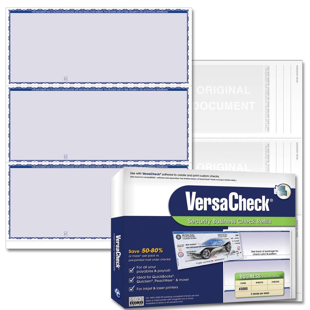VersaCheck Secure Checks - 750 Blank Business Checks - Blue Premium - 250 Sheets Form #3000-3 Per Sheet