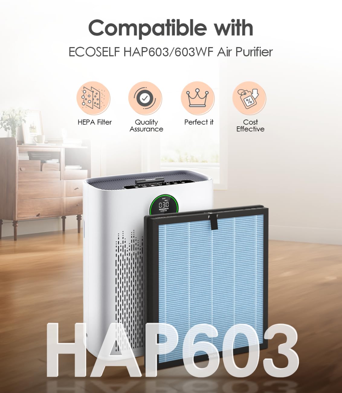 VALZONE 4-Pack HAP603 Replacement Filters, Compatible with ECOSELF HAP603/HAP603WF Purifier for Home Large Room, Part# RFHAP603, Blue