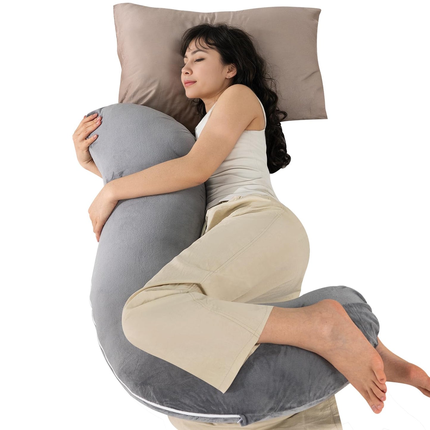 QUEEN ROSE Body Pillow for Side Sleepers, Soft Comfort S Shaped Hug Pillow for Adults, Full Body Support, Velvet Grey