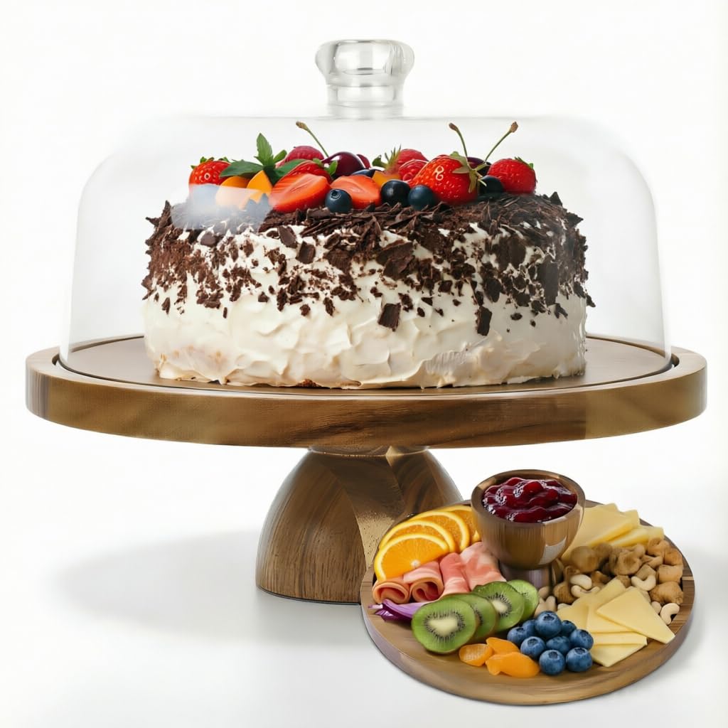 JOCHER Acacia Wood Cake Stand with Lid, 12in Cake Stand with Acrylic Dome (Not Glass), 2-In-1 Cake Display Stand for Charcuterie Board, Chips & Dips, Fruit Platter, Wedding, Birthday, Parties