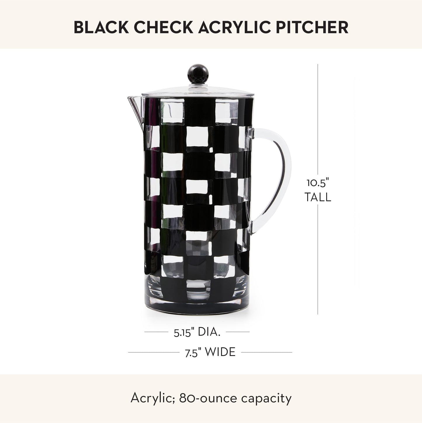 MACKENZIE-CHILDS Acrylic Pitcher with Spout for Water, Lemonade, and Farmhouse Home Decor, 2.5 Quarts, Black Check
