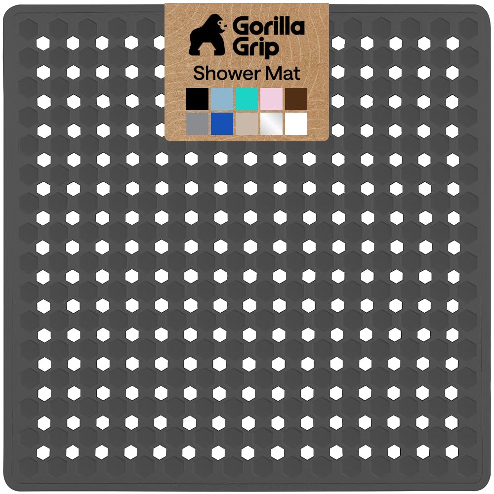 GORILLA GRIP Patented Bath Tub Shower Mat, Machine Washable Bathtub Floor Liner Mats, Suction Cups and Drain Holes to Keep Tubs Clean, Soft on Feet, Bathroom Essentials, 35x16 Inch, Beige