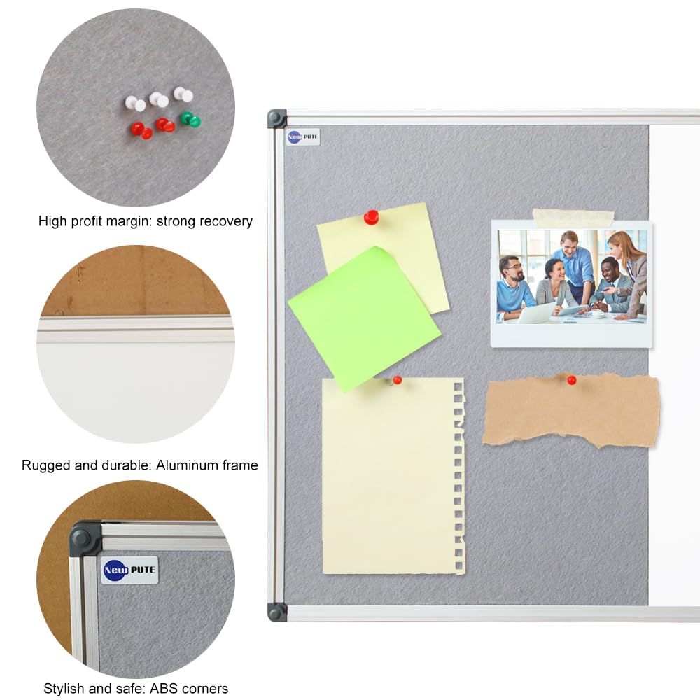 NEWPUTE White Board and Cork Board Combo - 36 x 24 Inches Large Dry Erase Whiteboard and Bulletin Board, Magnetic Wall Pin Display Board for Home, Classroom & Office, 24"x36" Grey