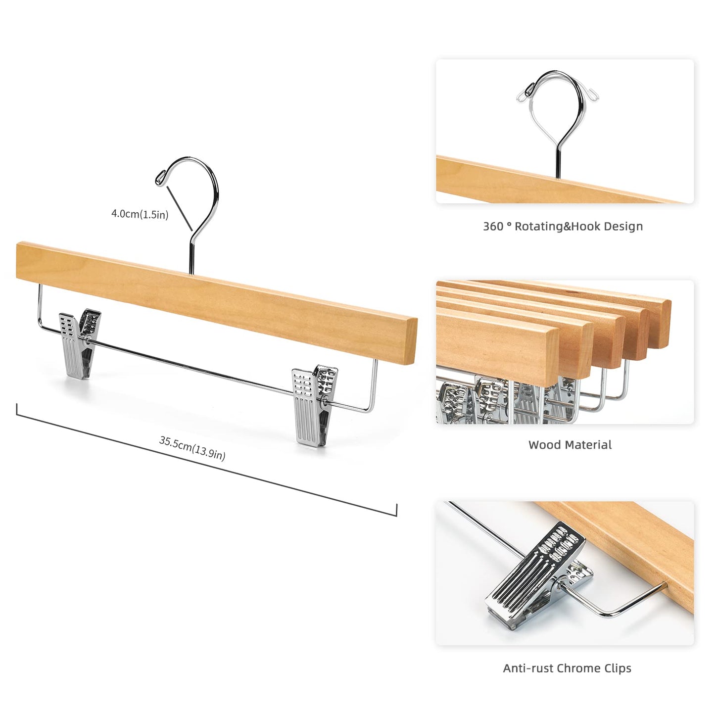 Nature Smile Wooden Pants Hangers Skirt Hanger Solid Lotus Wood Jeans Bottom Hanger with Clips Natural Color(20 Pack)