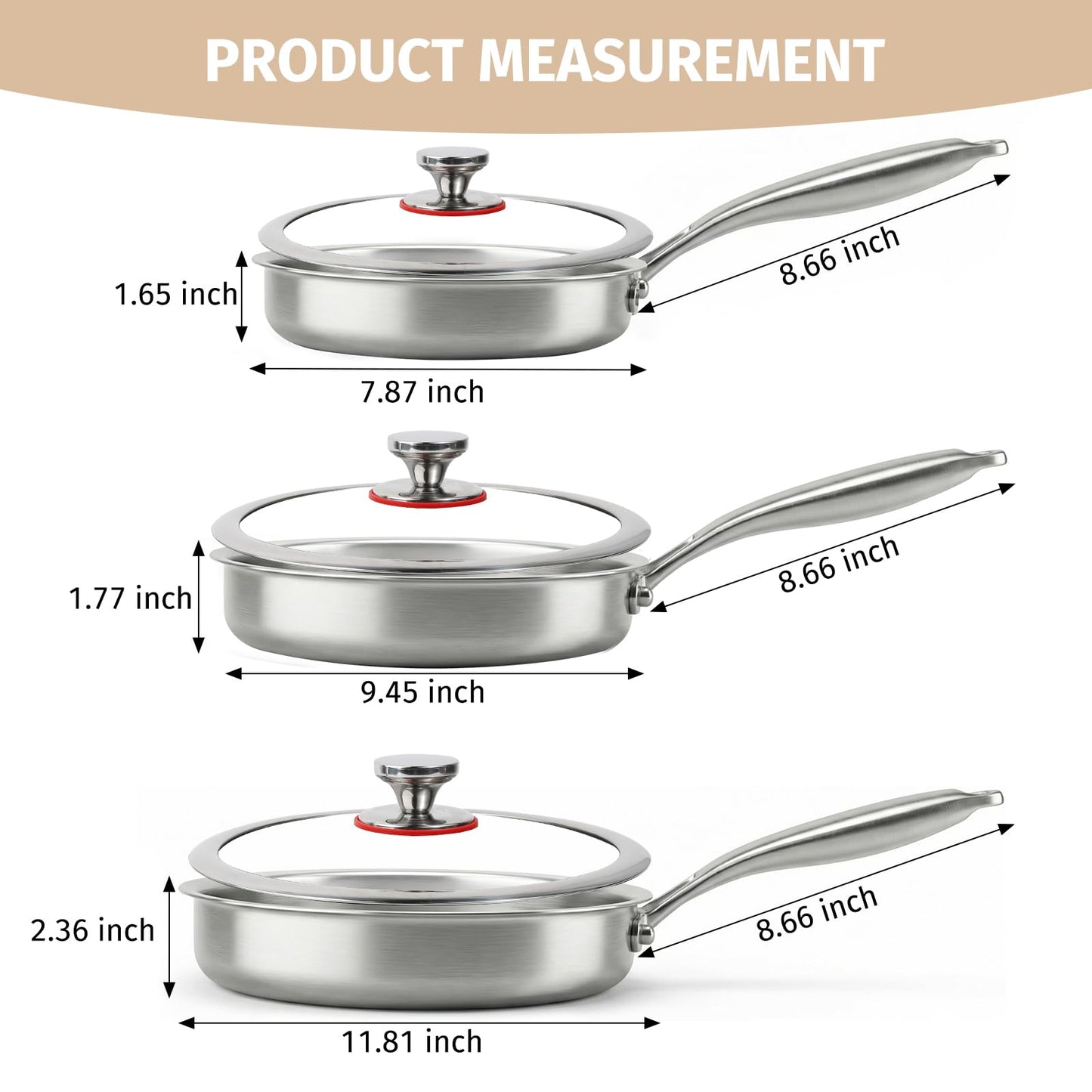 KEGDAN Tri-Ply Stainless Steel Frying Pan Set With Lids, 13pcs Stainless Steel Cookware Set with Detachable Handle, Induction Compatible Skillets for All Stovetops, Dishwasher and Oven Safe, Sliver