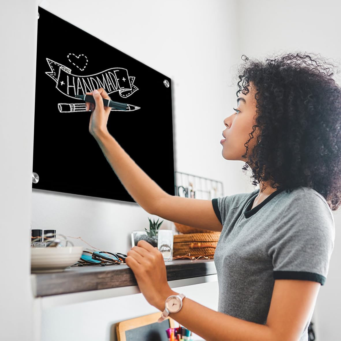 Black Glass Dry Erase Whiteboard, 18" x 24" Frameless Glass White Board for Home, School, Office, Black Surface