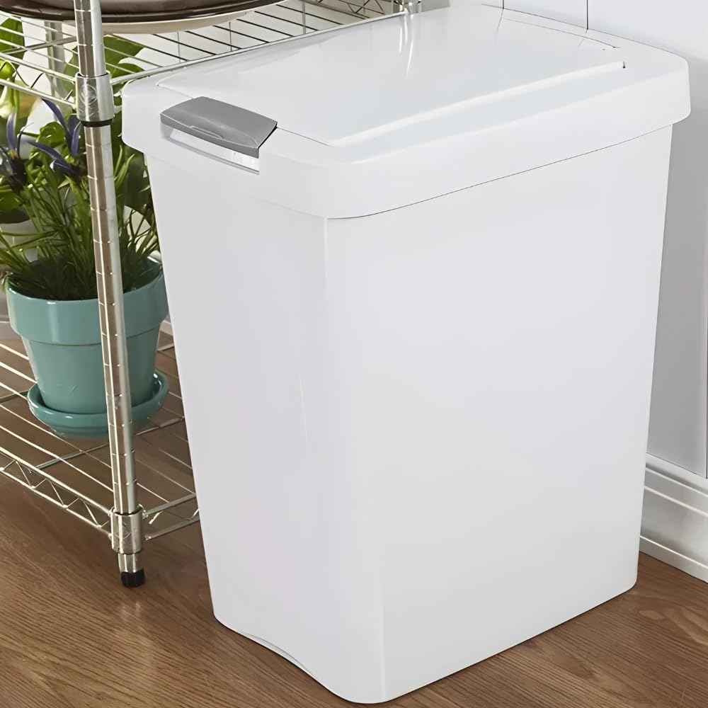 LisaDepot 7.5 Gallon White Wastebasket with Touch-Open Lid: Ideal Office Trash Can, Under Sink Trash Can, Or Garbage Can with Lid for Kitchen, Bathroom, Mudroom