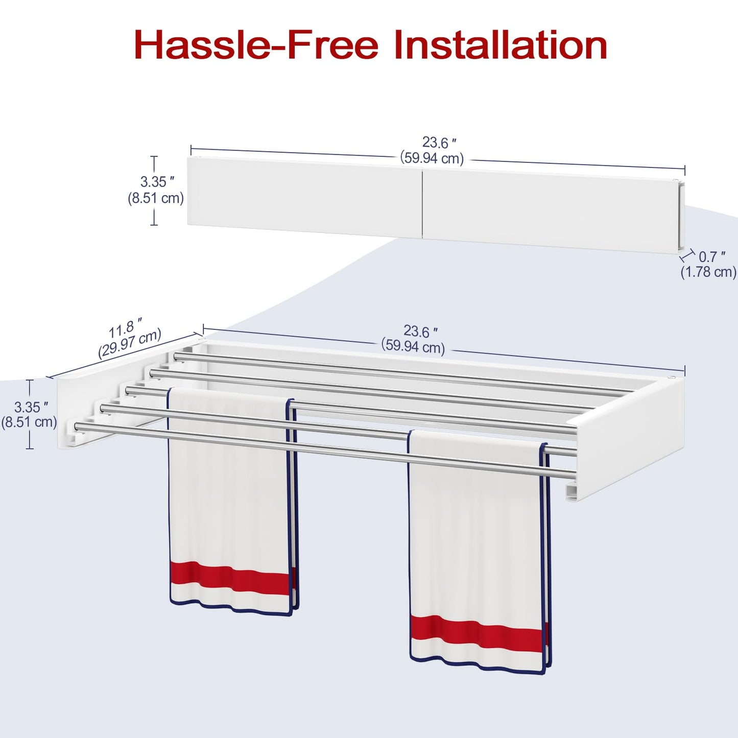 SOLVESTIS Wall Mounted Drying Rack 23.6", Foldable Laundry Drying Rack with Stainless Steel Rods, Retractable Laundry Space Saver for Indoor & Outdoor Use, Include Wall Template