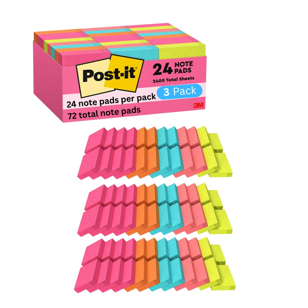 Post-it Mini Notes, 1 3/8 x 1 7/8 in, 24 Pads, America's #1 Favorite Sticky Notes, Poptimistic Post-it Notes, Power Pink, Aqua Blue, Vital Orange, Neon Green, Guava Pink (3 Pack)