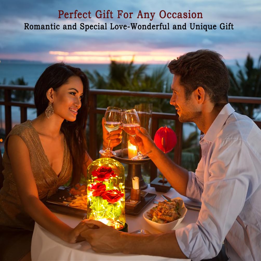 Women Gift Idea Birthday,Unique Gifts for Mom,Beauty and The Beast Rose in Glass Dome With 2 Lights Mode, Birthday Gifts for girlfriend,Wife，Anniversary Red Silk Rose Flower Gifts for Women