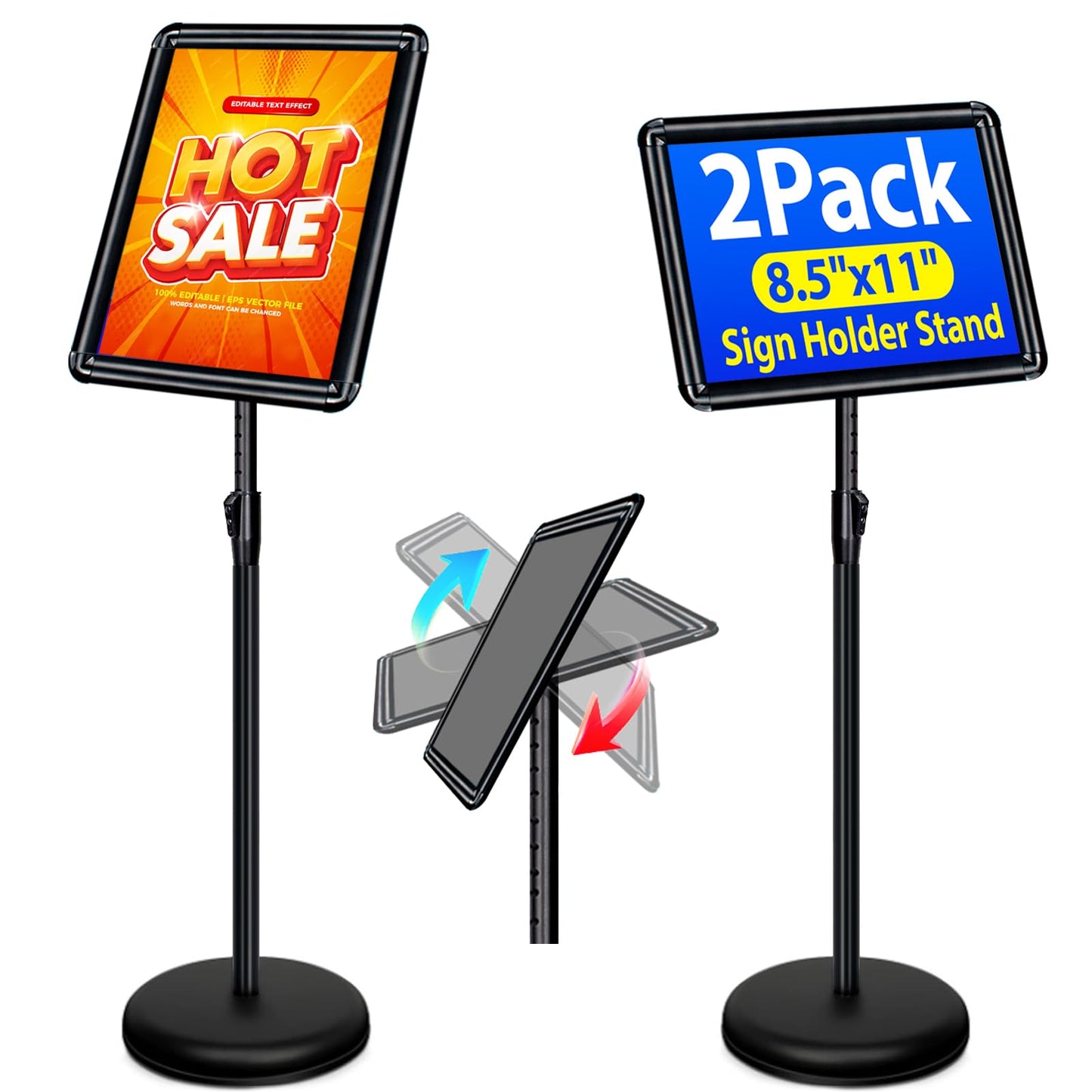 VAIIGO 2-Pack 8.5x11 Inch Adjustable Sign Stand & Floor Standing Sign Holder - Pedestal Poster Stand with Vertical & Horizontal View Display for Indoor/Outdoor Business & Store Signage (Black)