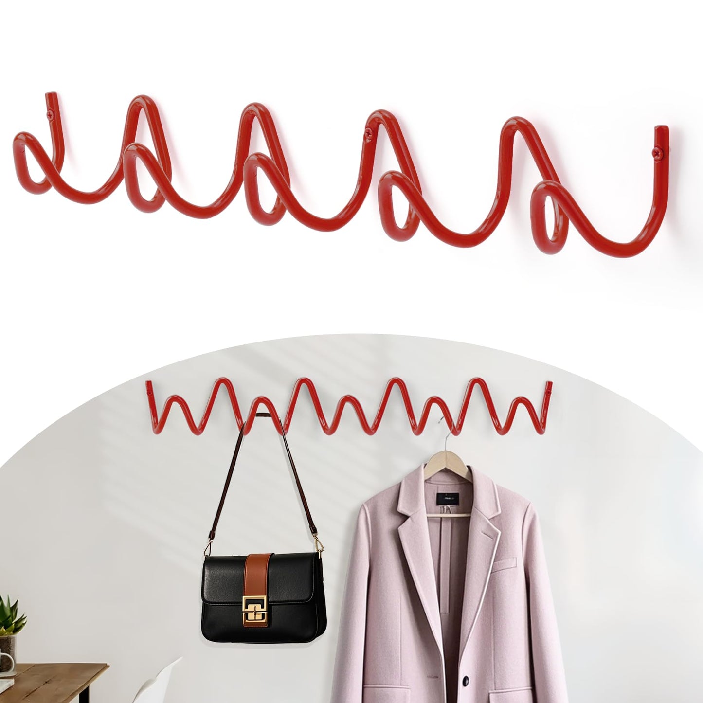 Bumtosc Coat Rack Wall Mount, Creative Wave Wall Hooks 20KG Capacity, Easy Installation, Multi-Purpose Hooks for Coat, Hat, Bag, Umbrella (Red, 49cm x 7.5cm (19.29" x 2.95"))