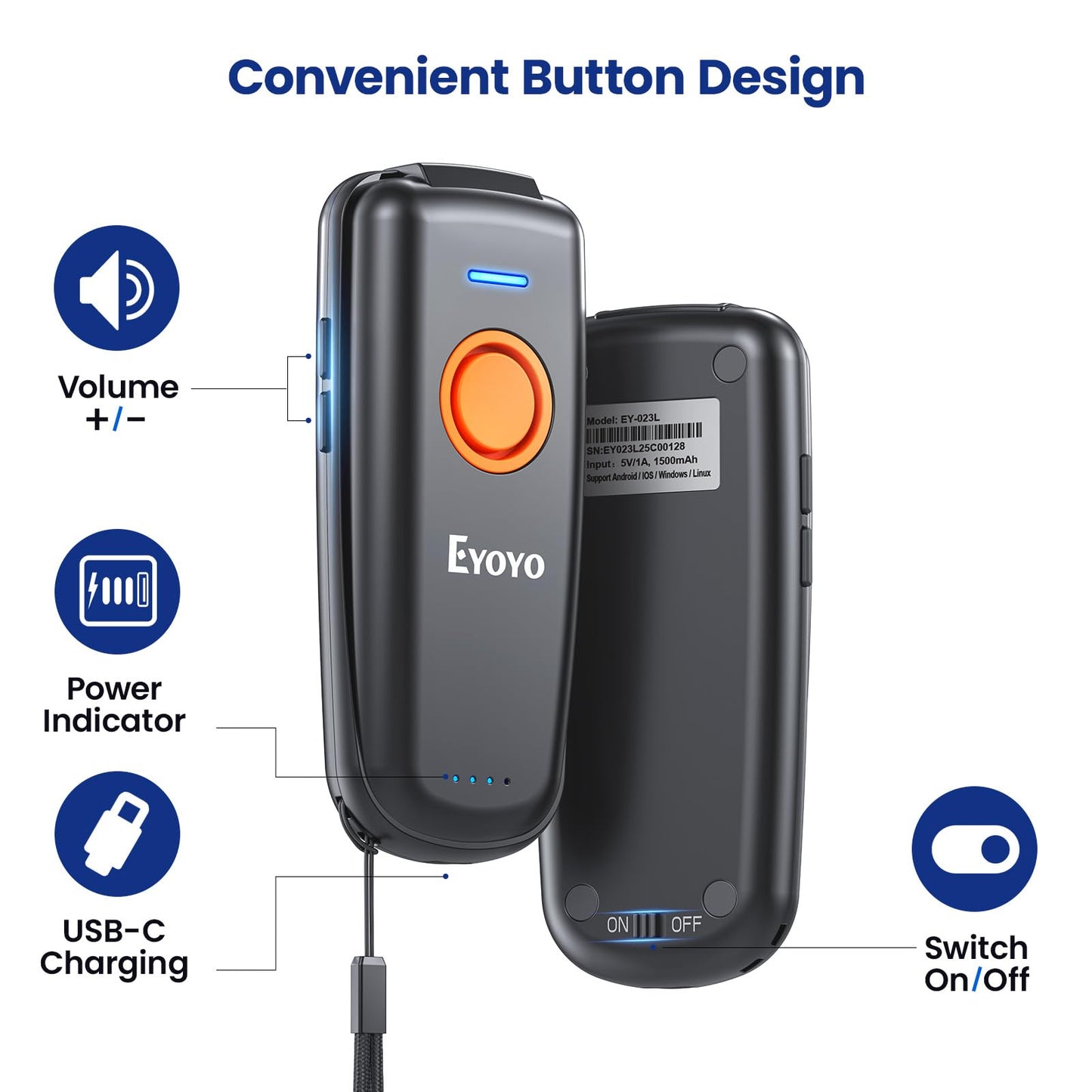 Eyoyo Mini Bluetooth Barcode Scanner: 1D Fast & Accurate Scanning, Wireless & USB Wired Bar Code Scanner for Inventory, Portable Barcode Reader Compatible with iPhone iPad Android Tablet POS Computer
