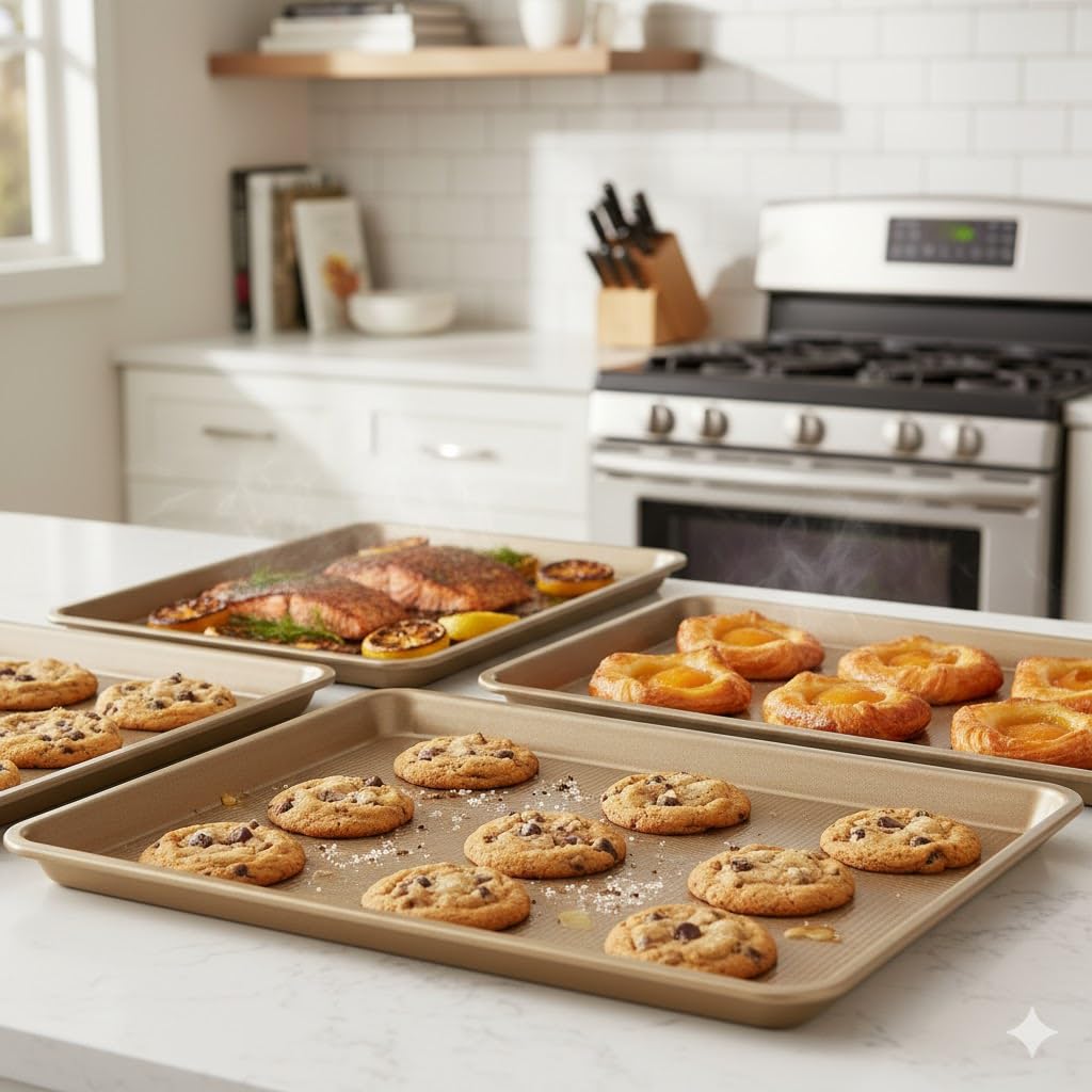 FLAREFX Baking Sheet Pan Set of 3 | Nonstick Cookie Sheets for Baking Supplies | No Rust & No Toxic Carbon Steel Half Sheet Pan+Jelly Roll Pan+Quarter Sheet Pan Set | Heavy Duty Baking Tray for Oven