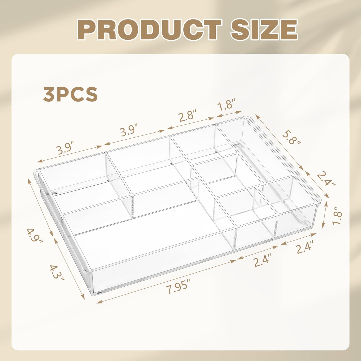 Briwooody 3 Pcs Clear Acrylic Desk Drawer Organizer 13.7 x 8.7 x 2 Inch Drawer Organizer Trays with 8 Compartments Desk Accessories for Office Makeup Silverware Bathroom